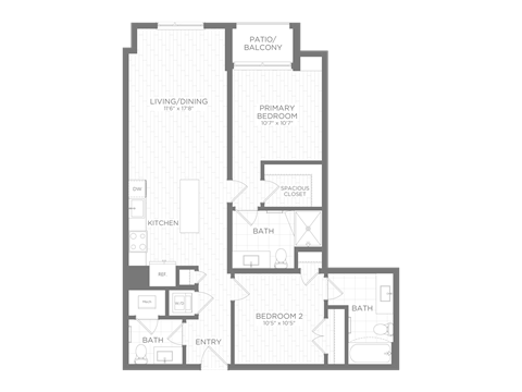 Floor plan for 2 beds, 2.5 baths, 907 sqft